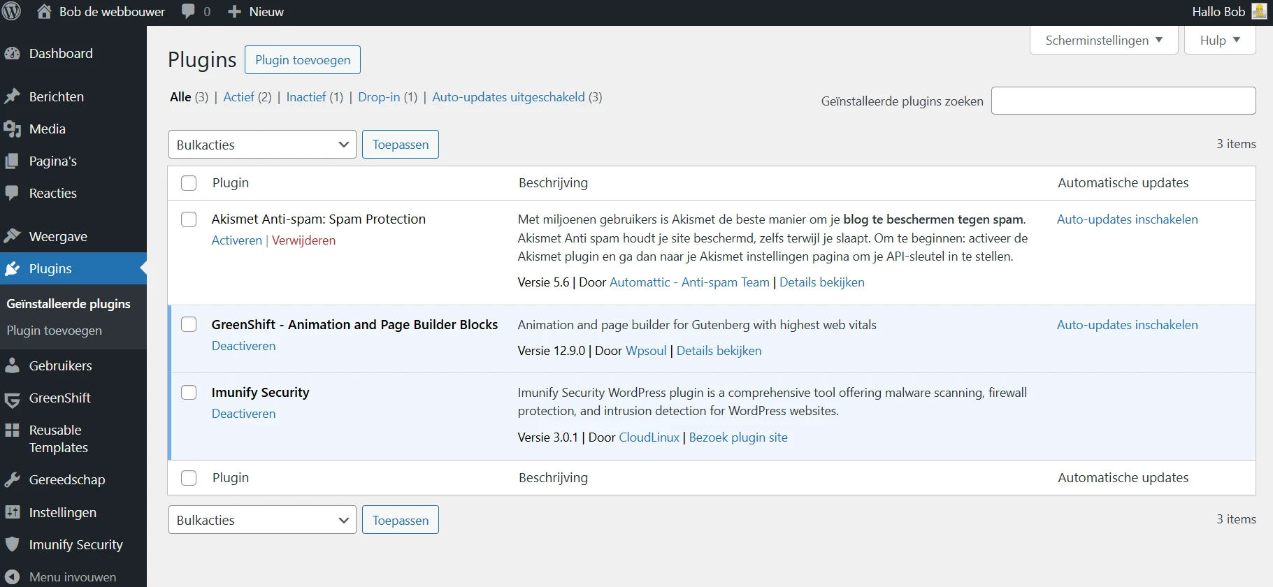 WordPress plugin scherm