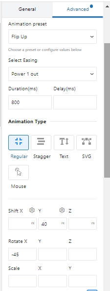 Greenshift animations panel